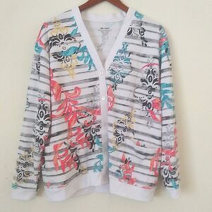 Vicki Wayne Colorful Print V-neck Cardigan, Pockets, Womens Large